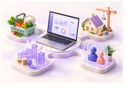 RelAffSol ecosystem illustration: Green Basket, BizTrack360, ProjectstoHome and HR & Payroll around a central laptop